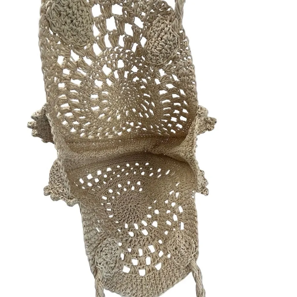 Women's Handcrafted Crochet Cotton Rope Shoulder Bag Beige Boho Casual - Image 3