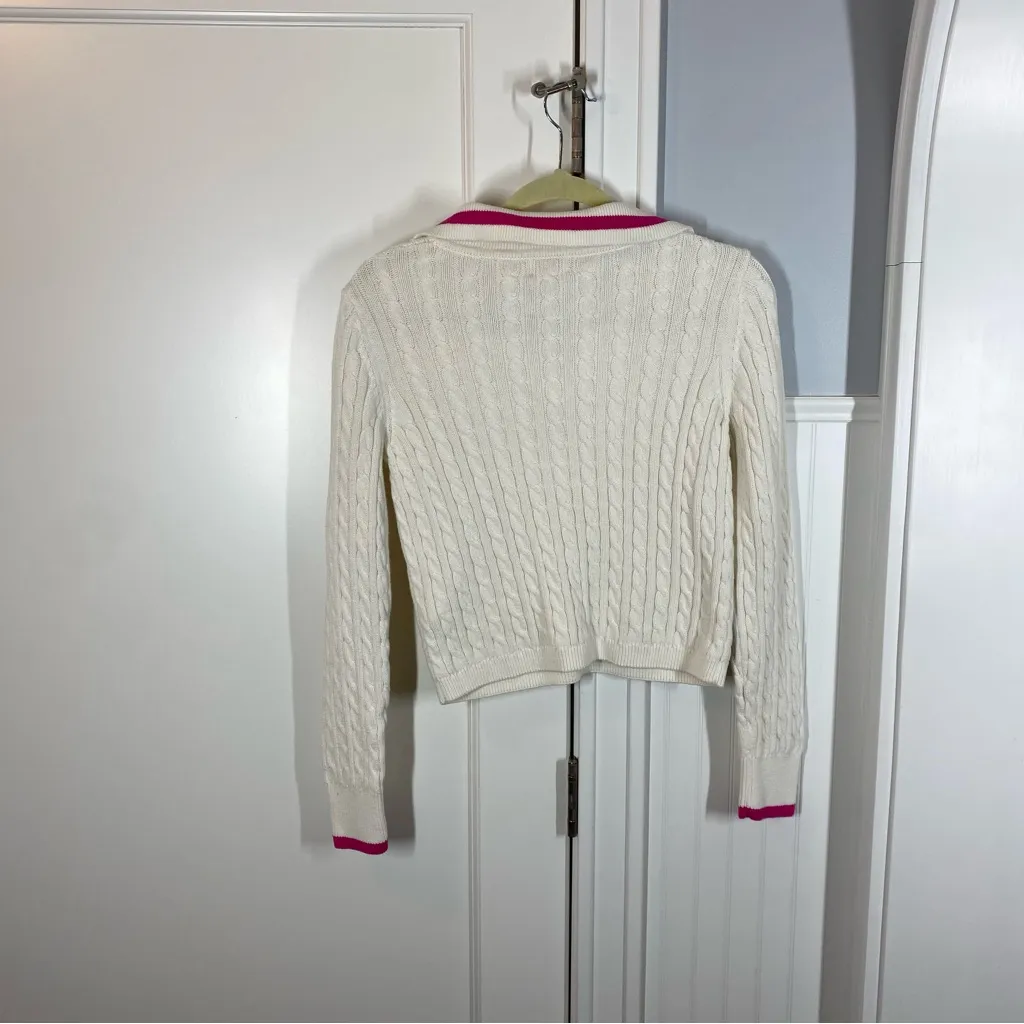 Nicole Miller Cable Knit Collared Pullover Sweater White‎ with Pink Size medium - Image 4