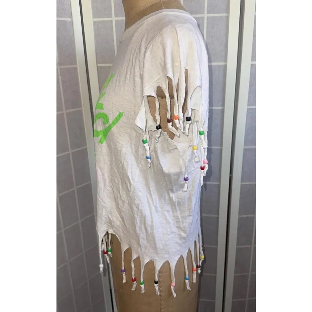 Vintage Windswept Beaded Crop Beach Boho Tropical Melted Cover Up Swim Tee Med White - Image 4