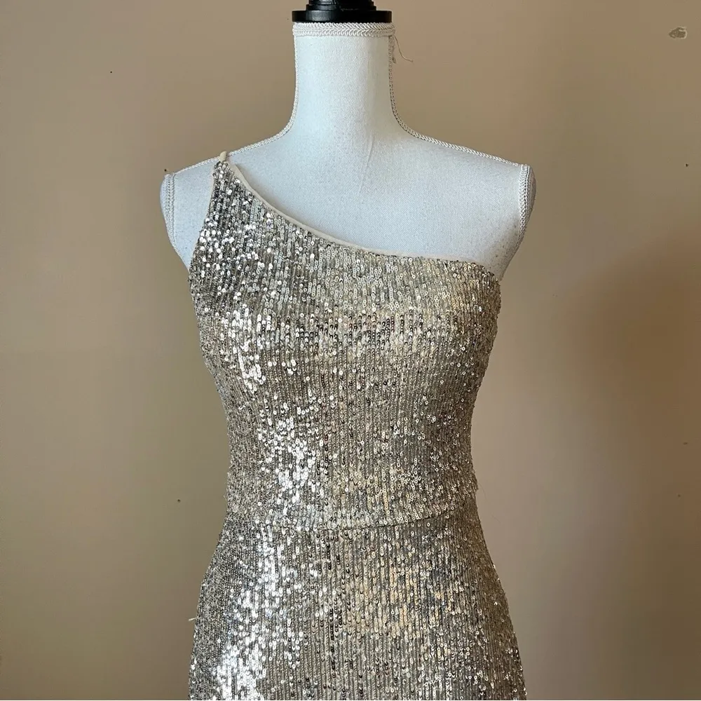 XSCAPE | Gold Metallic Sequin One Shoulder Body Con Cocktail Dress Sz 6 - Image 3