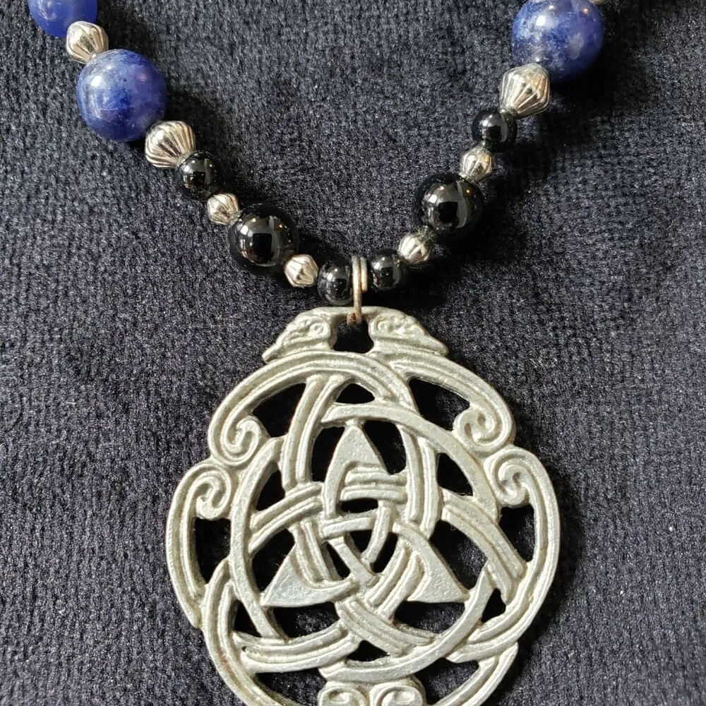 Womens Gold Tone Blue Jade Black Bead Celtic Trilogy Pendant Necklace w/ Lobster - Image 5