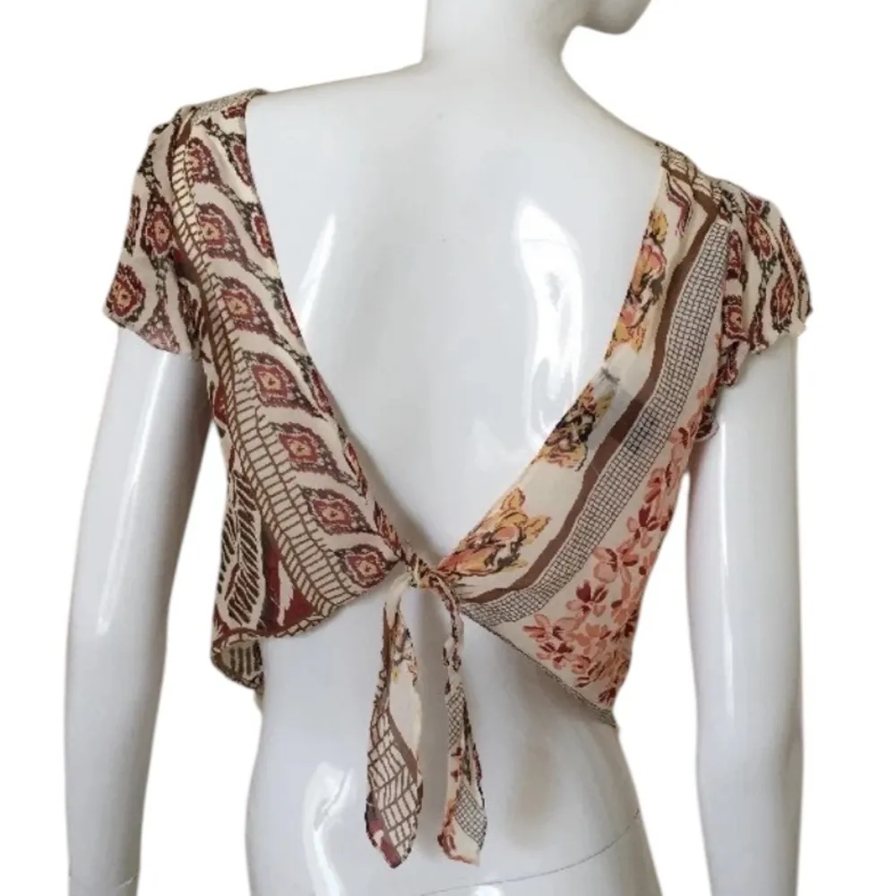 Ideology 100% Silk Rust/Pink Print Lace Beaded Tied Back Blouse XS - Image 2