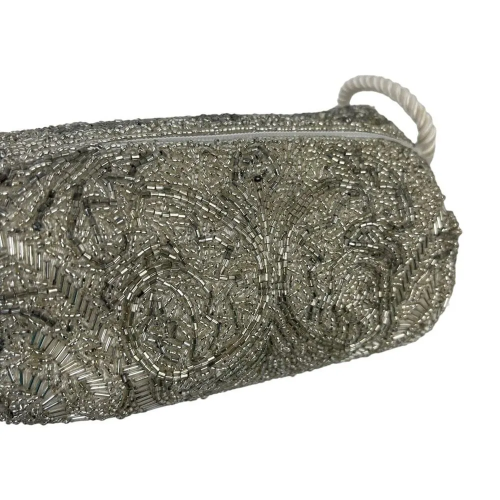 Vintage Evening Silver Beaded Crossbody Formal Bag Tassel Purse - Image 9