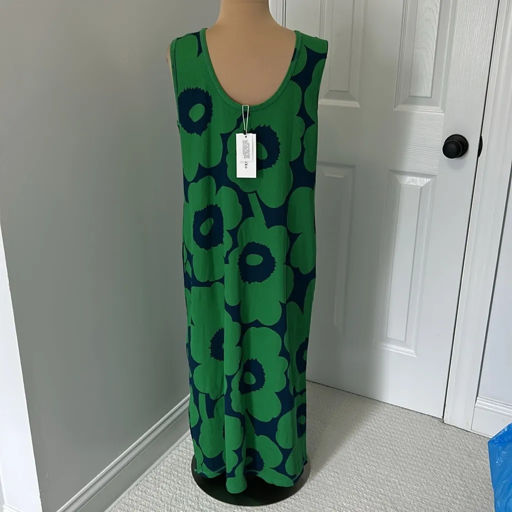 Marimekko Simpukka Unikko Ribbed Jersey Dress Green Navy Size XL - Image 3
