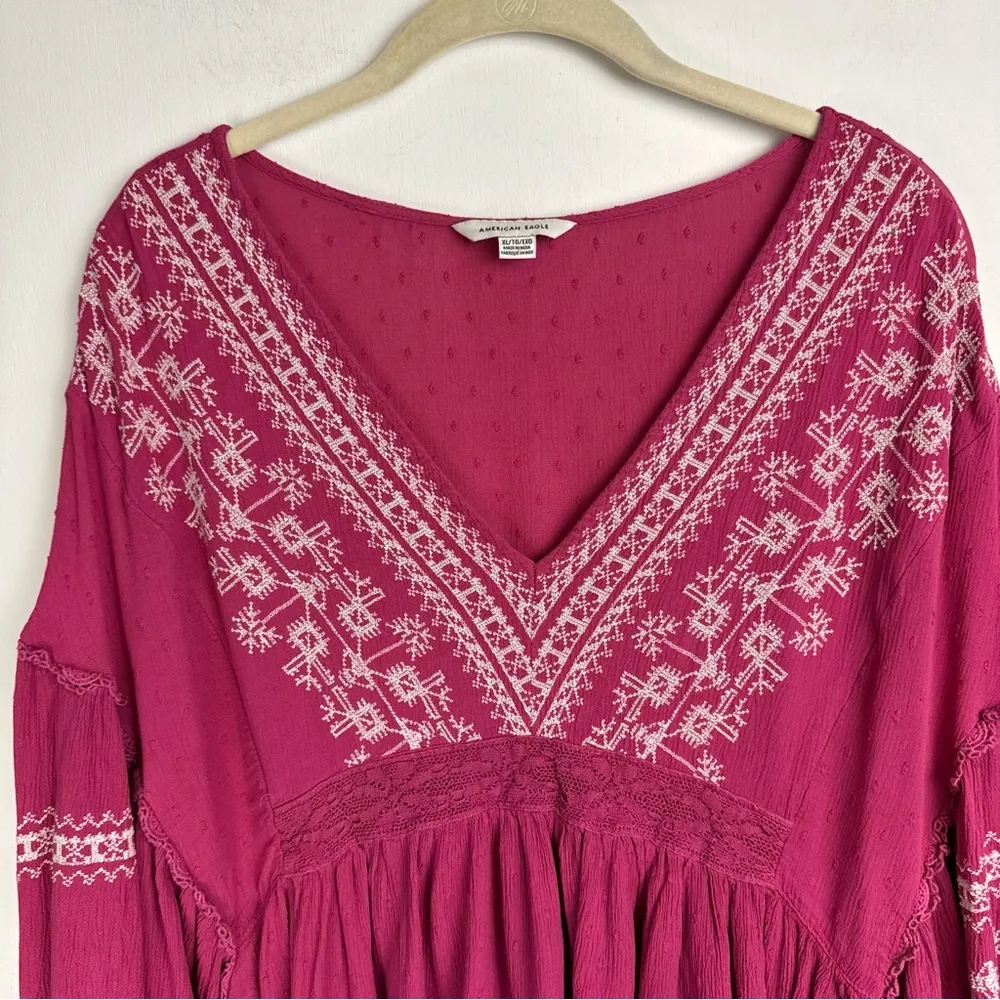 American Eagle Embroidered Boho Top Sz XL Pink Balloon Sleeves - Image 4