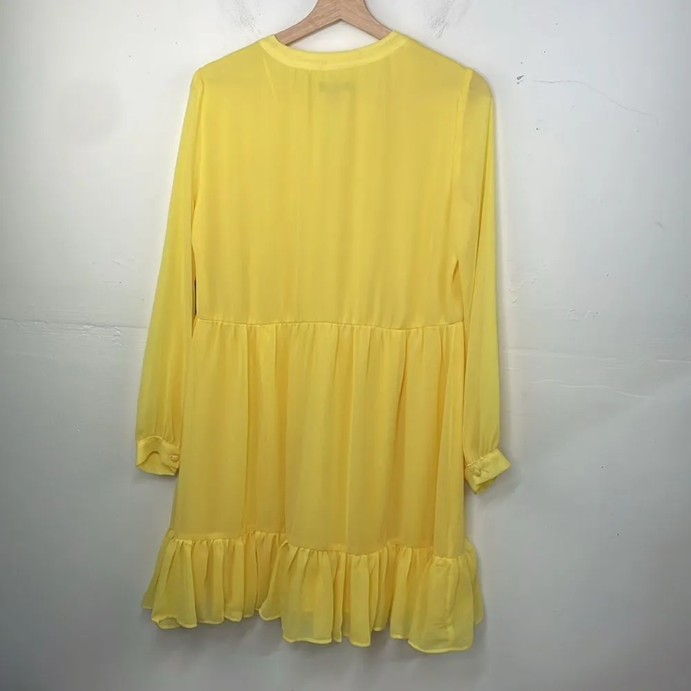 Vince Camuto Yellow Chiffon Dress Baby Doll Split neck tiered long sleeve Small - Image 7