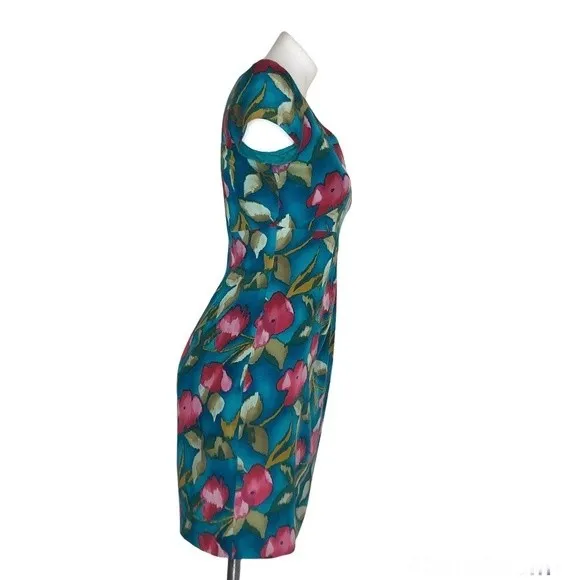 PAPELL Petites 100% Silk Turquoise Teal Floral Sheath Dress Size 2P Vintage - Image 3