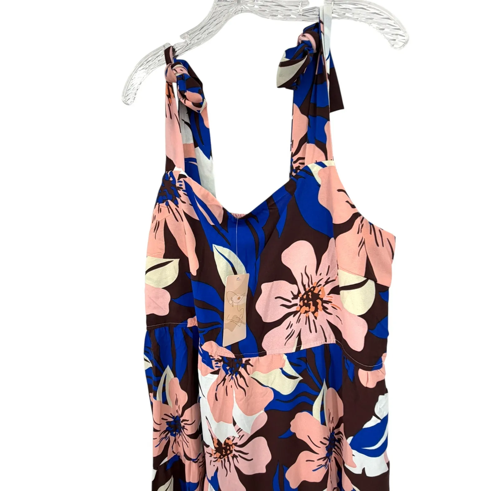 NWT Fashion | XL| Midi Tired Dress Shoulder Bow Floral Floral Hawaiian Sun Dress Pink - Image 6