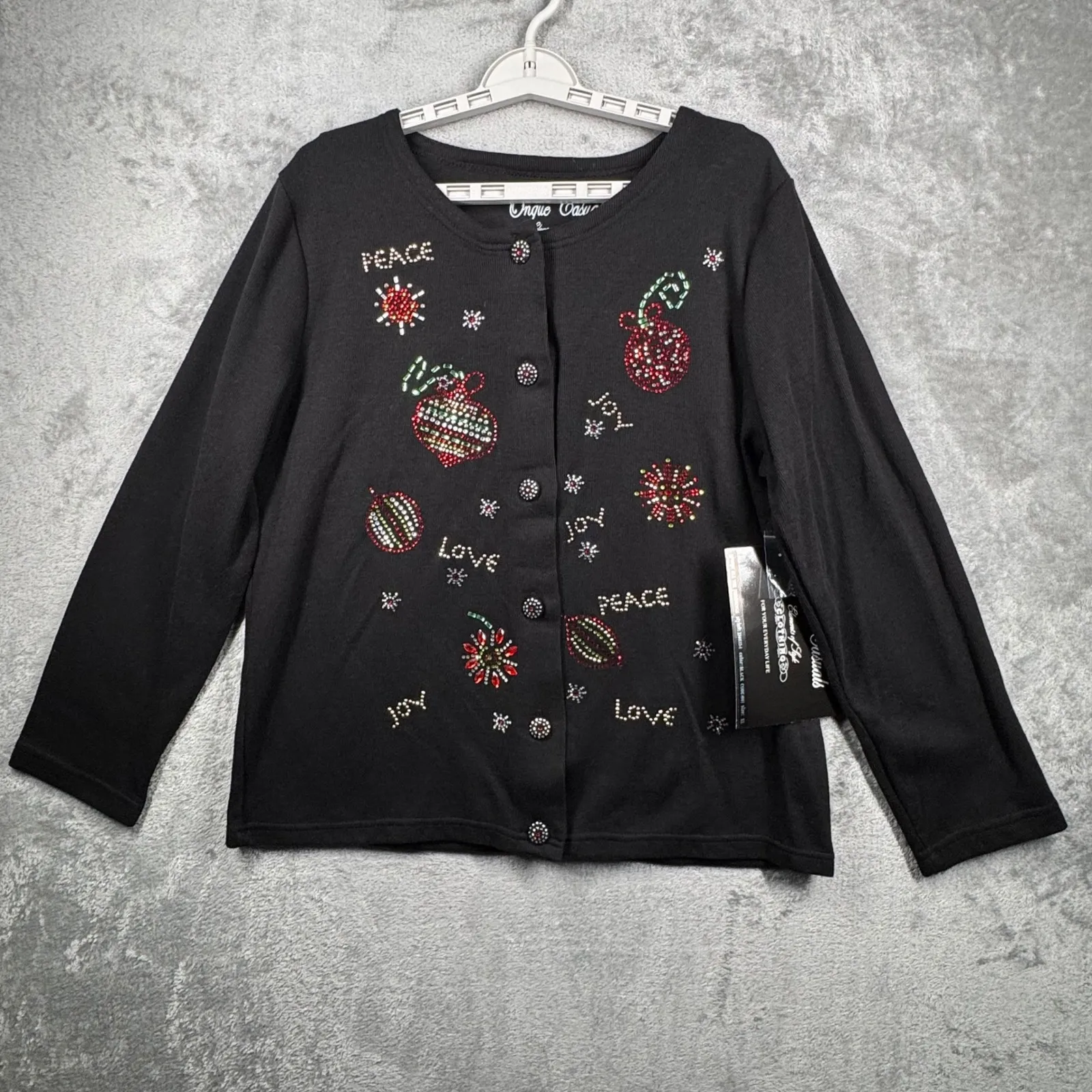 Onque Casuals Cardigan XL Christmas Cardigan Black Rhinestone Joy Peace Love VTG - Image 2