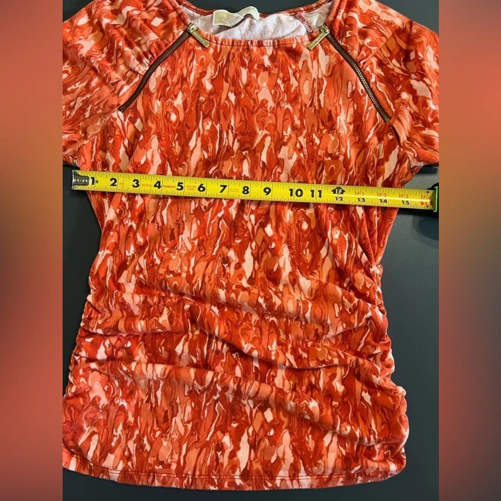 Michael Kors 3/4 Sleeve Ruched Orange & White Toe-Dye Blouse Sz Small - Image 8