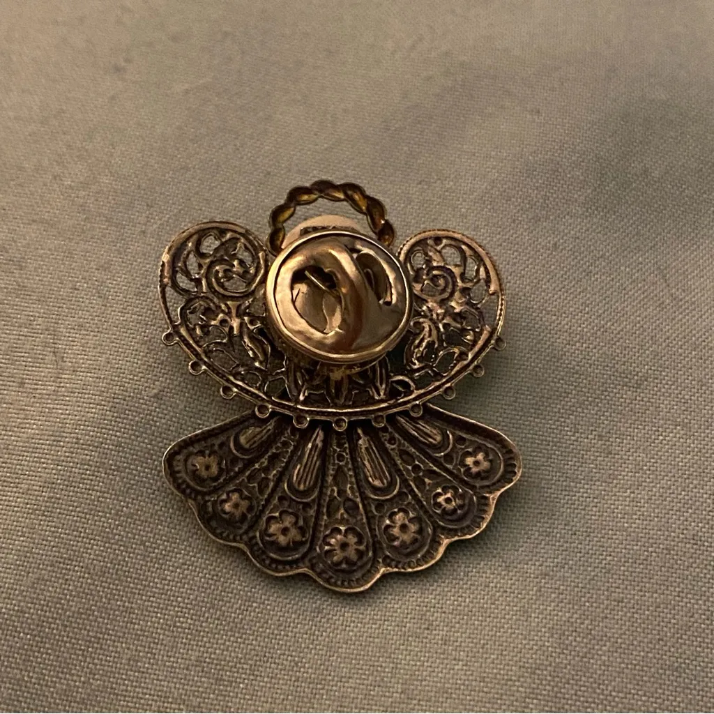 Vintage Angel Brooch Lapel Pin Silver Tone Metal Blue Stones Faux Pearl 1.25” H - Image 4