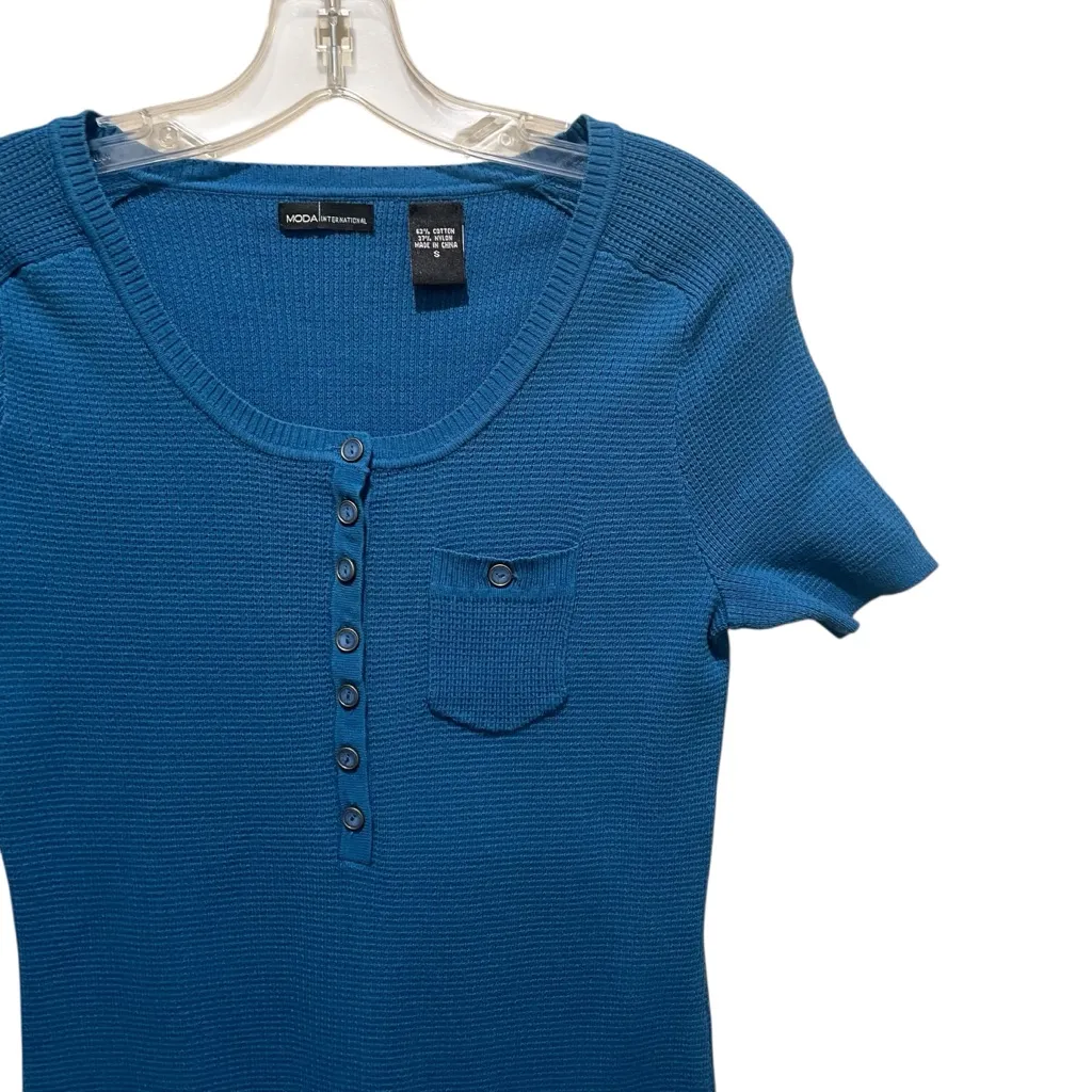Moda International Ribbed Knit Button Front Teal Blue Dress Womens Size Small - Image 3