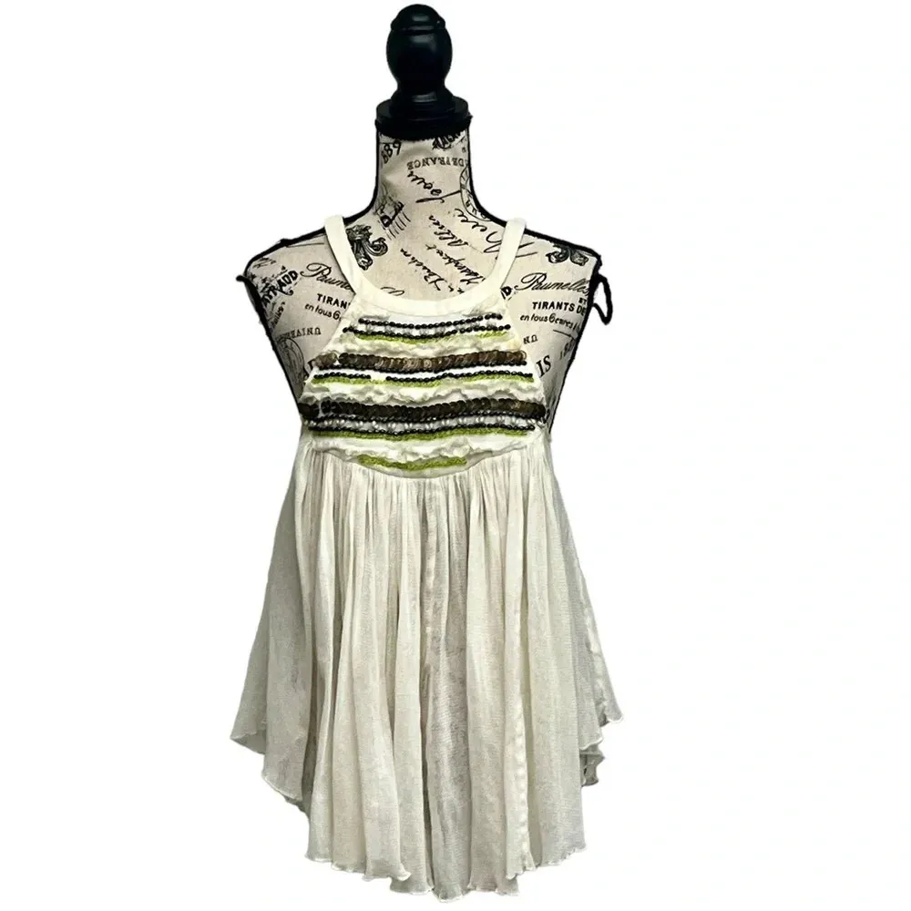 Free People Beaded Mesh Sheer Babydoll Tunic Top S Boho Coastal Cottagecore Y2K - Image 2