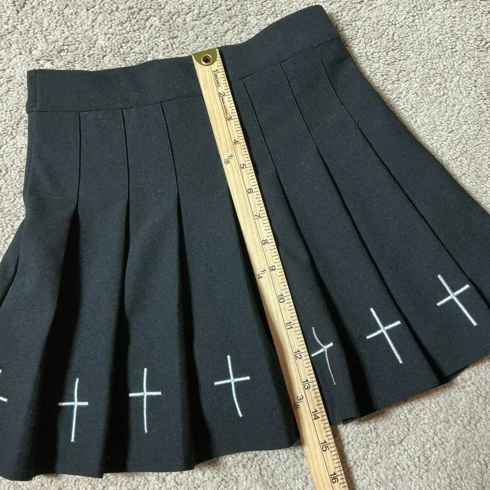Black Pleated Mini Skirt White Cross Detail Punk Goth Alt Streetwear Size S - Image 6