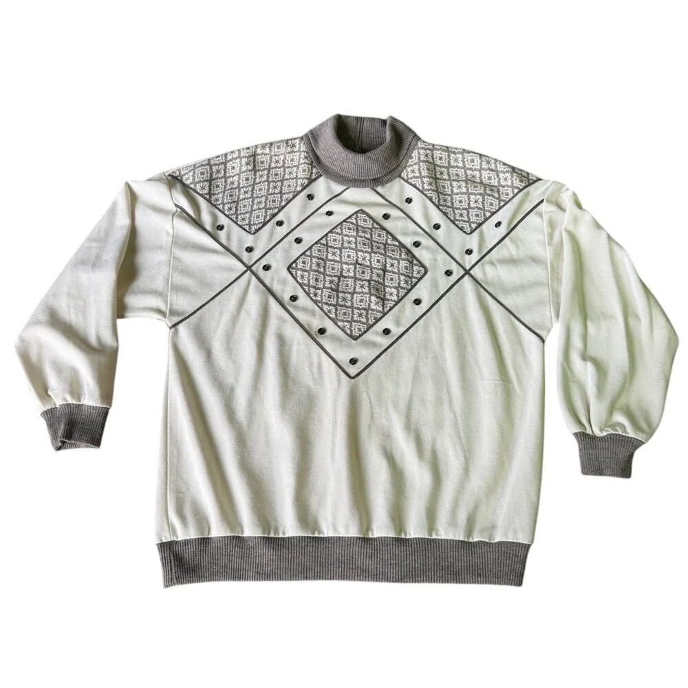 Vintage 80's Jo Hardin turtleneck sweater cream patch button accents size medium - Image 3