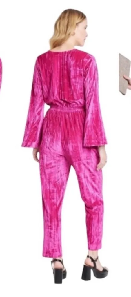 A New Day Pink Crushed Velvet Jumpsuit Womens Medium 70's Inspired Hyperfeminine - Image 2