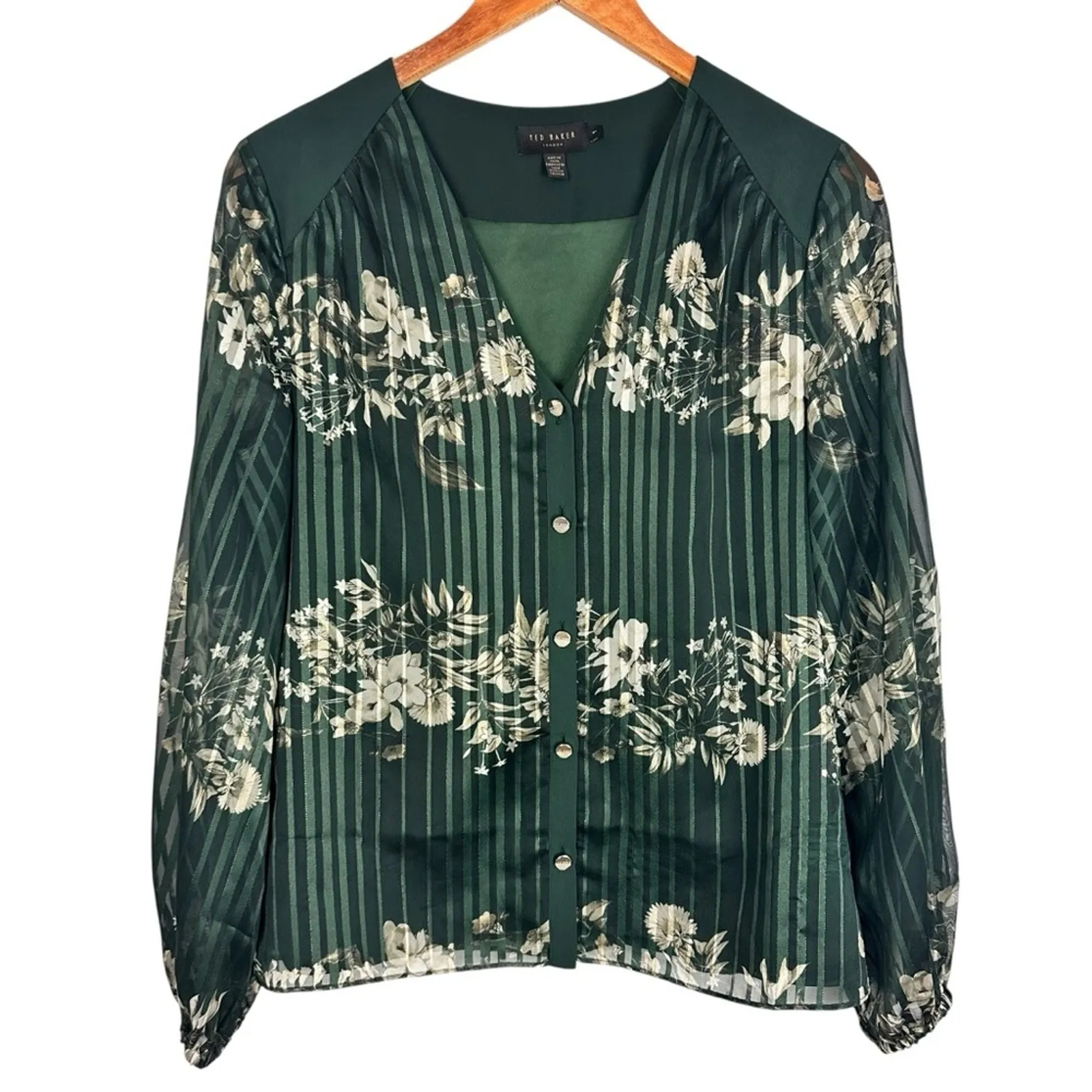 Ted Baker Evelin Floral Print Metallic Crepe Long Sheer Sleeve Green Blouse Sz 4 - Image 7