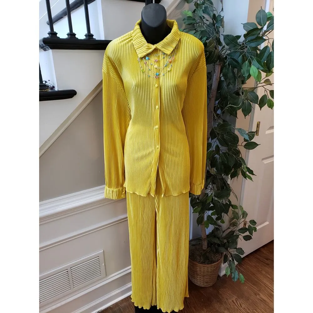 Yellow Pleated Lounge Set XL Button Top Wide Leg Pants 2 - Image 2