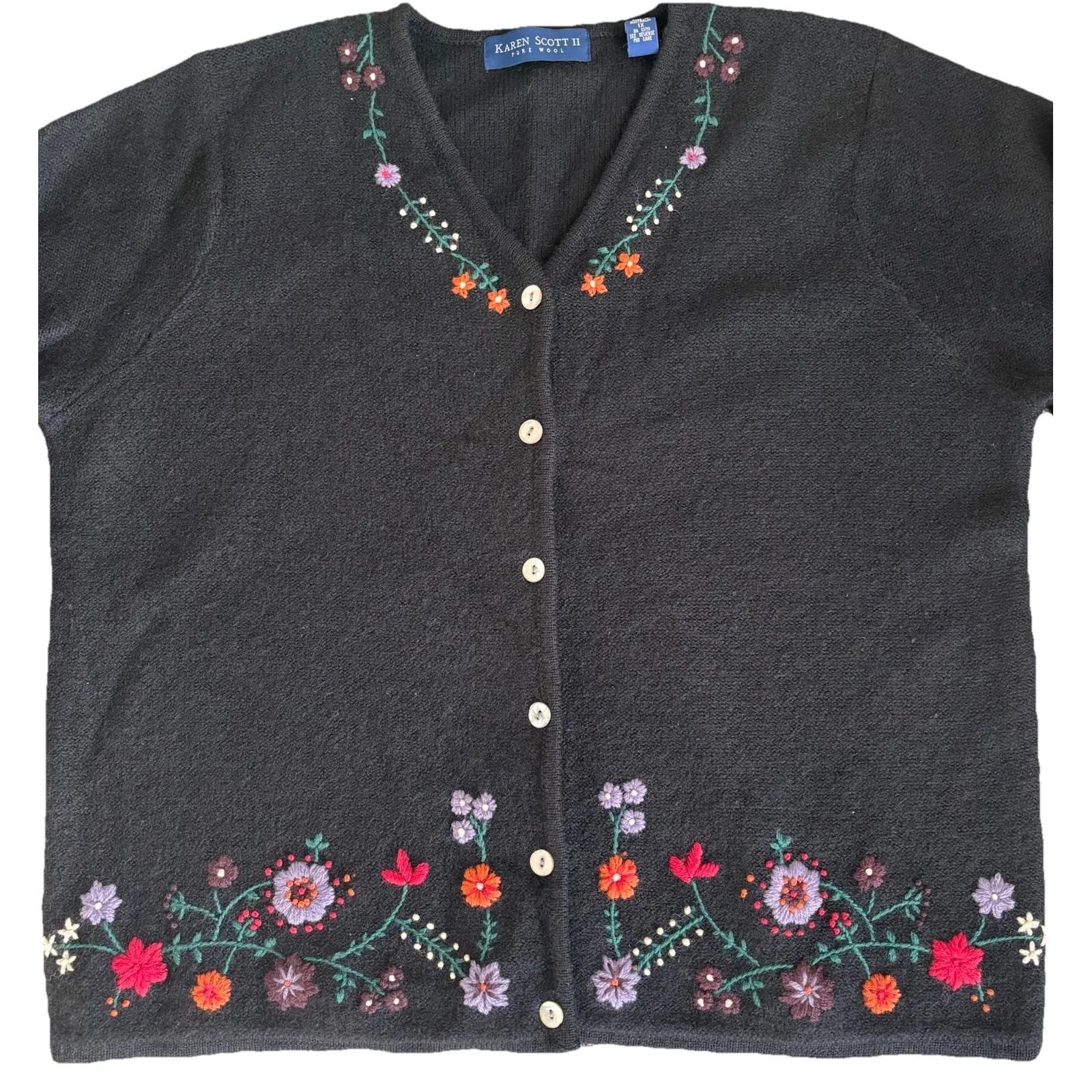 Karen Scott Black Embroidered Floral Pure Wool Button Front Cardigan Sweater 1X - Image 2