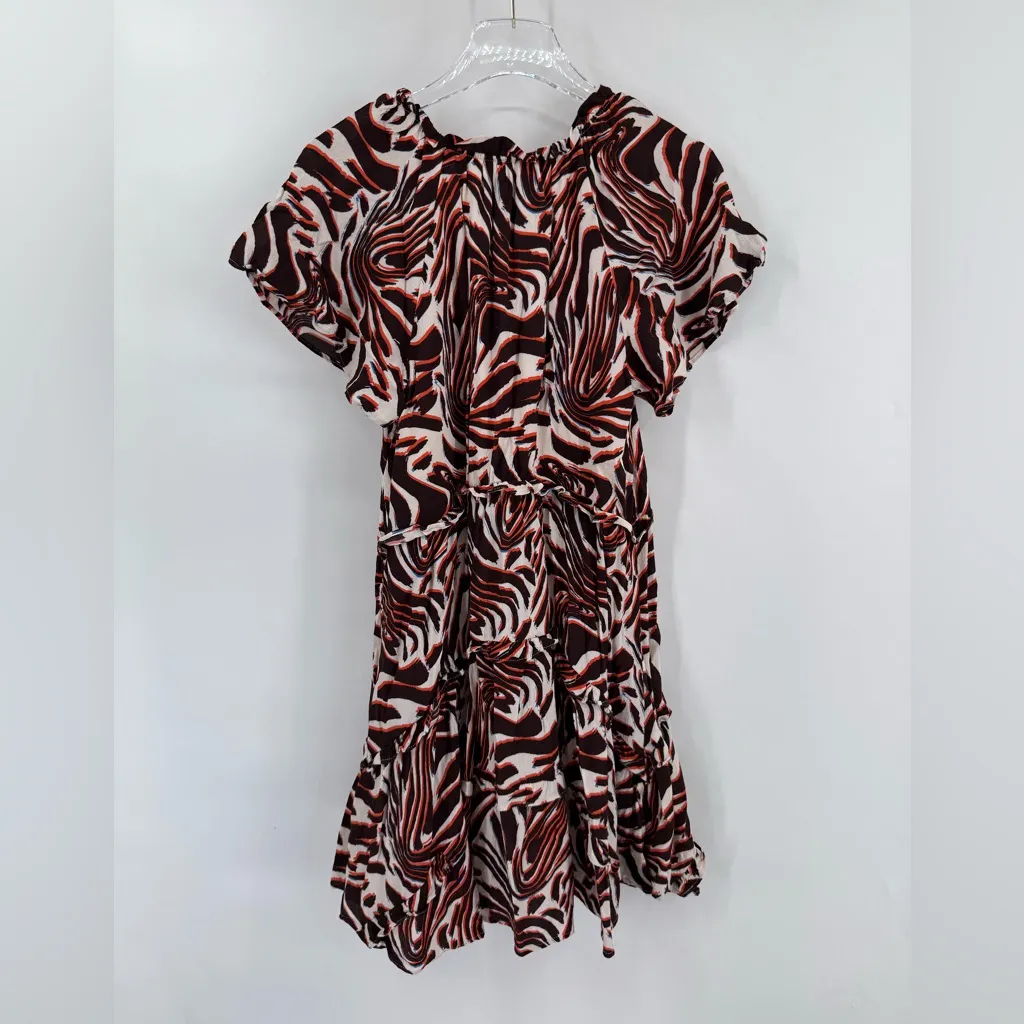 Anthropologie Robin Tiered Brown Orange White‎ Marble Animal Mini Dress small - Image 4