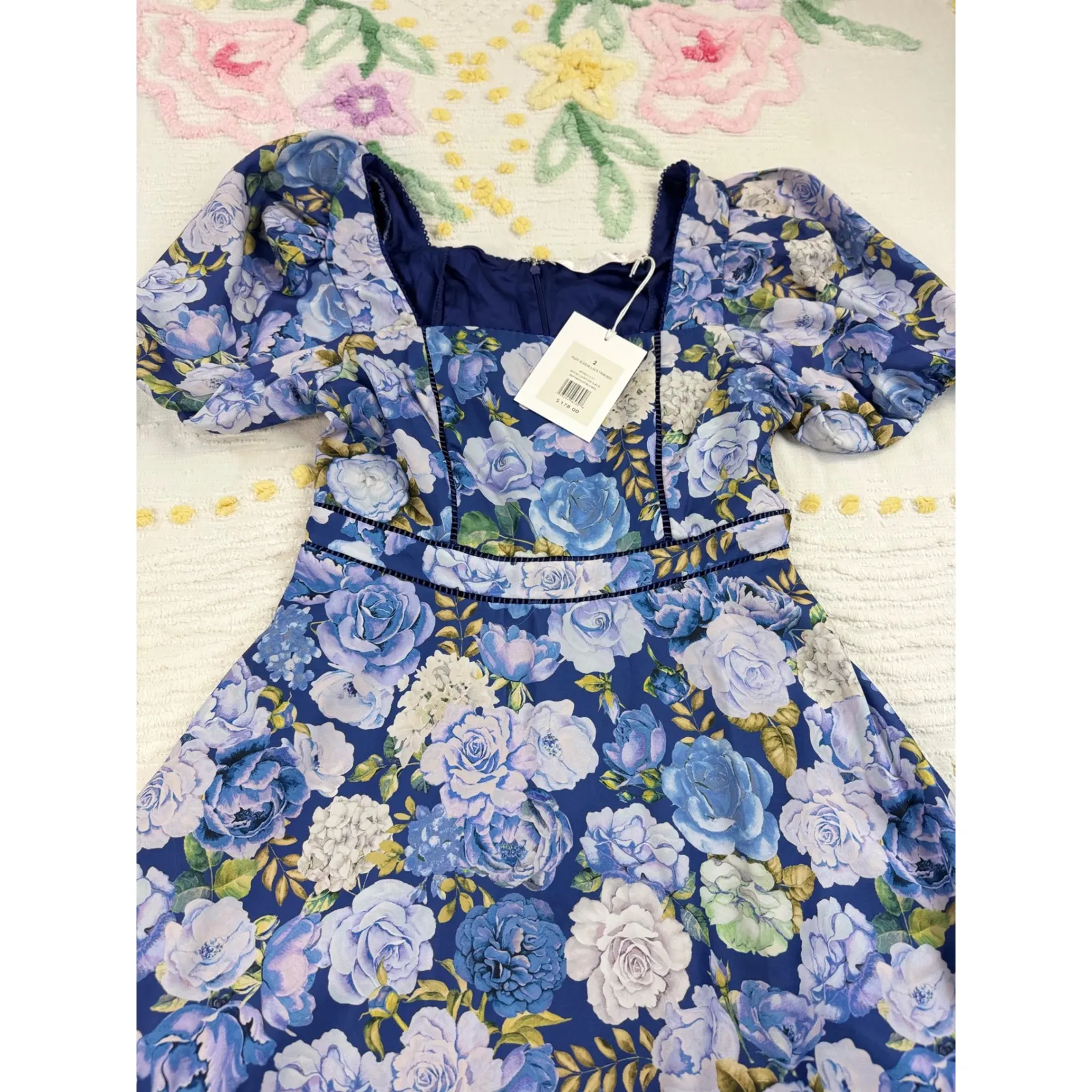 Rachel parcell Floral Midi Dress Square Neck Puff Sleeve Lace Trim Cottagecore 2 - Image 3