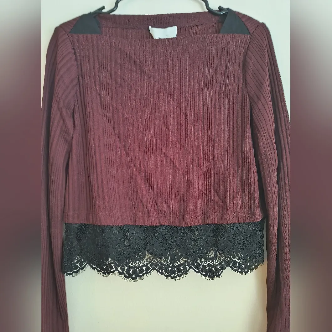 3.1 Phillip Lim Women's Burgundy Black Silk Lace Trim Ribbed Long Sleeve Top L - Image 3