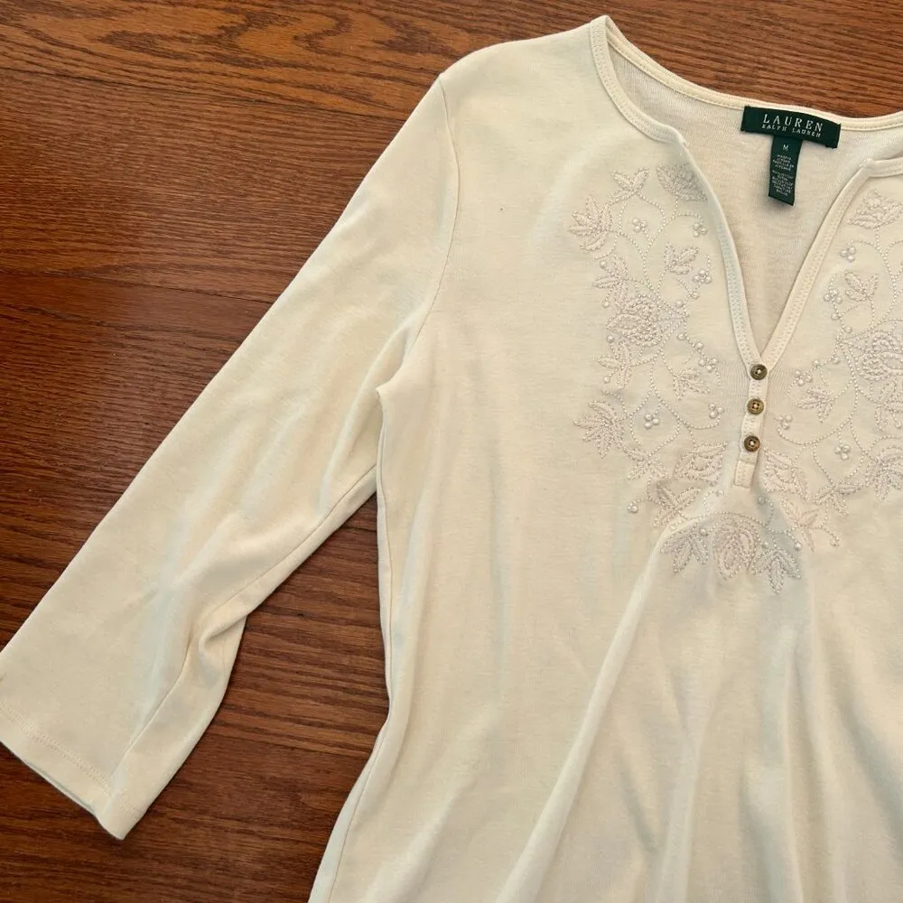 Lauren Ralph Lauren Embroidered V Neck Quarter Sleeve Tee Tunic Size Medium - Image 8