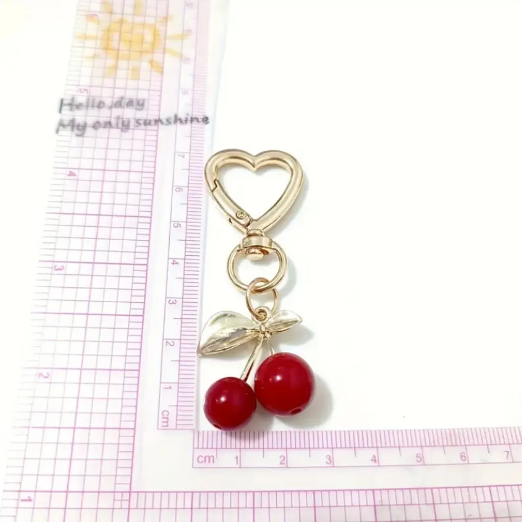 Gold Heart Keychain with‎ Red Cherry Charm - Image 3