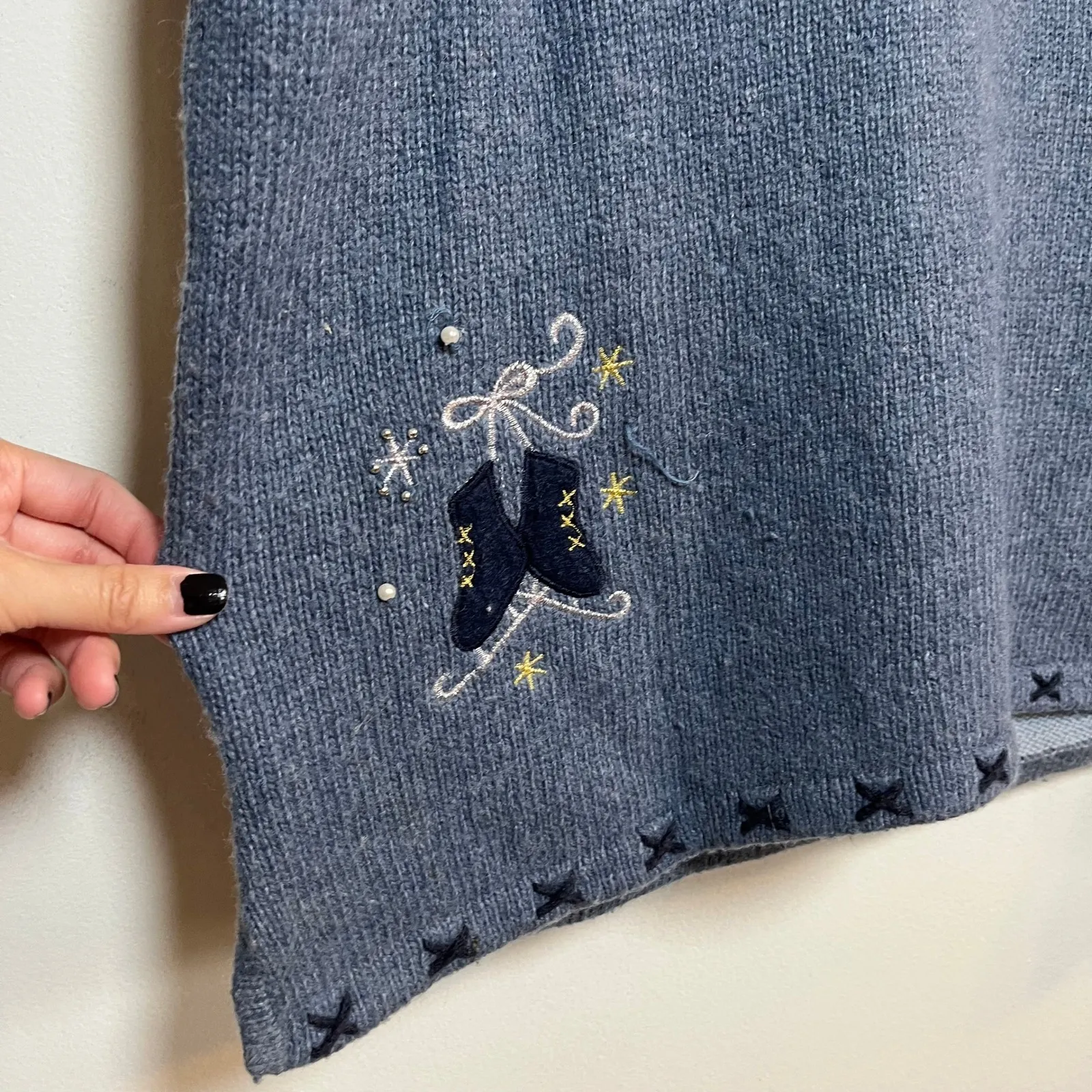 Vintage Embroidered Christmas Sweater Turtleneck Patchwork Winter MockNeck Large Blue - Image 9