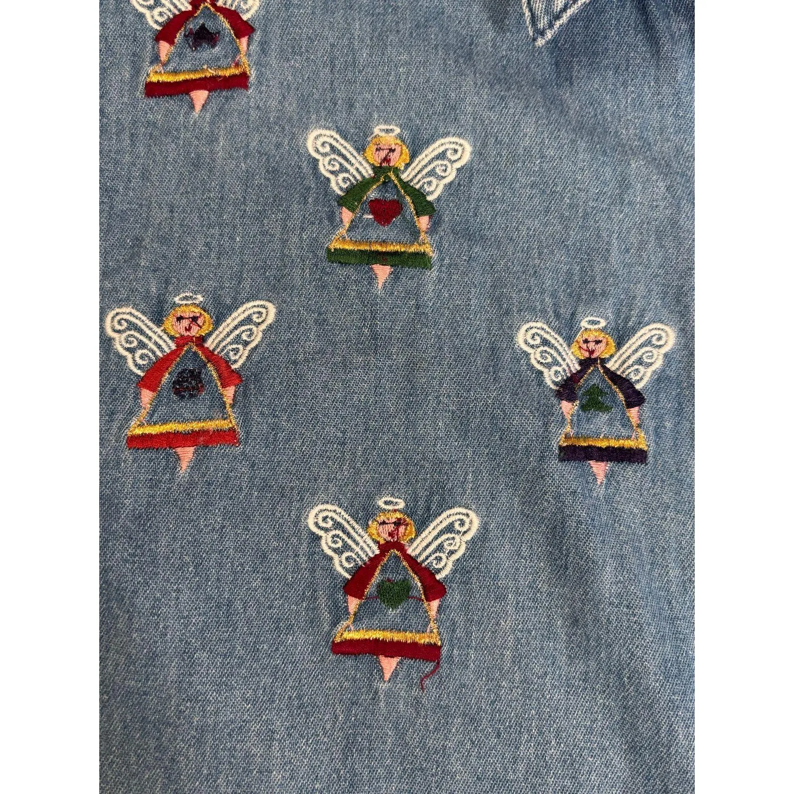 90s Chambray Denim Shirt Folk Art Embroidered Festive Angels Christmas Top Med Blue - Image 8