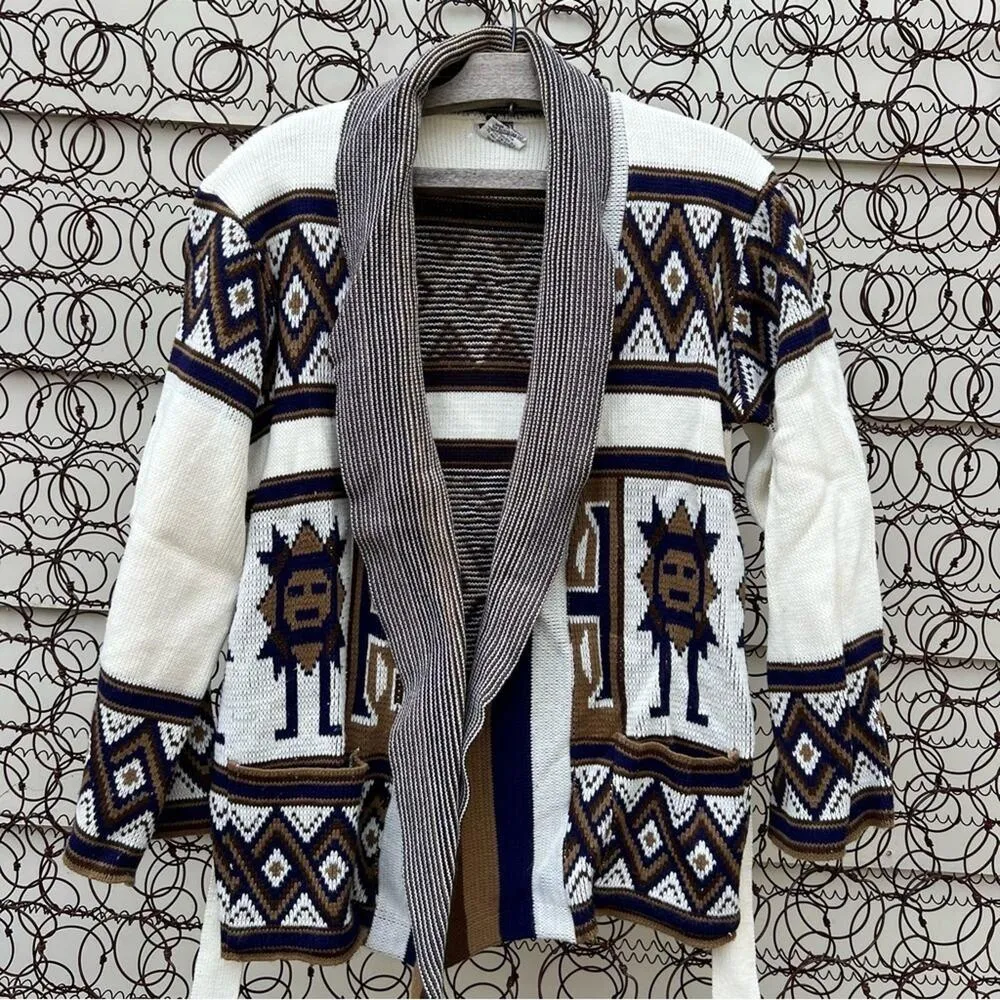 70s Starsky and Hutch Tribal Southwestern Aztec print Cowl Neck Cardigan Sweater Brown Size L - Image 2