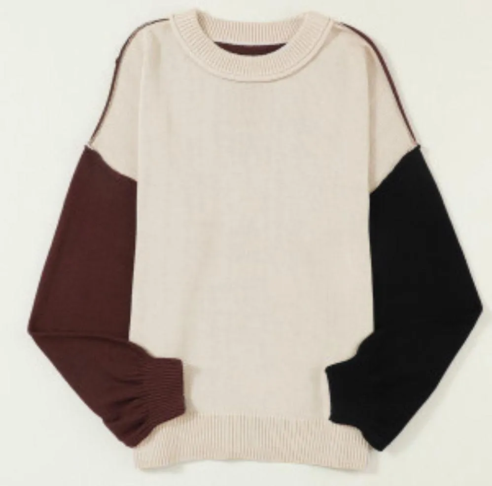 NEW Brown Black and Tan Colorblock Bishop Sleeve Sweater Size L - Image 2