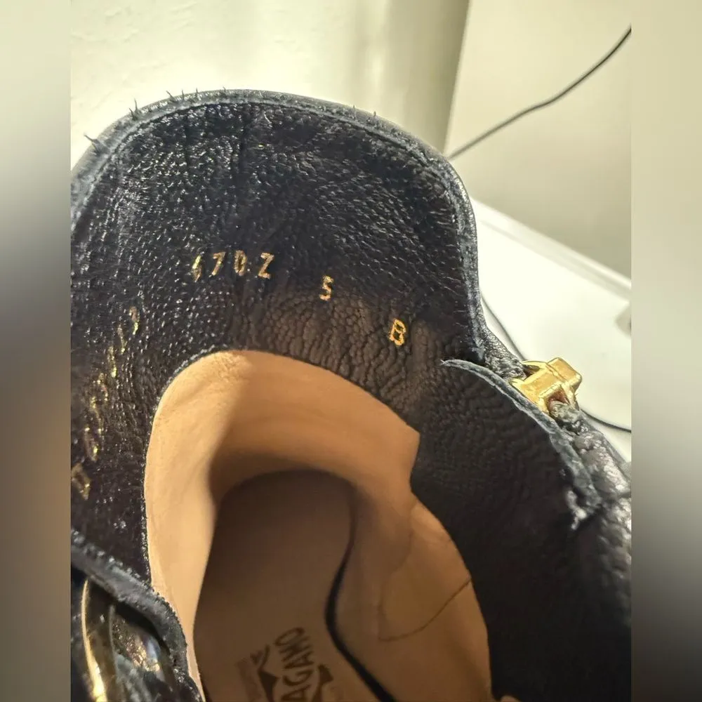 Salvatore Ferragamo Florian Black Ankle Booties Gold Buckle Size 5 EUC - Image 7