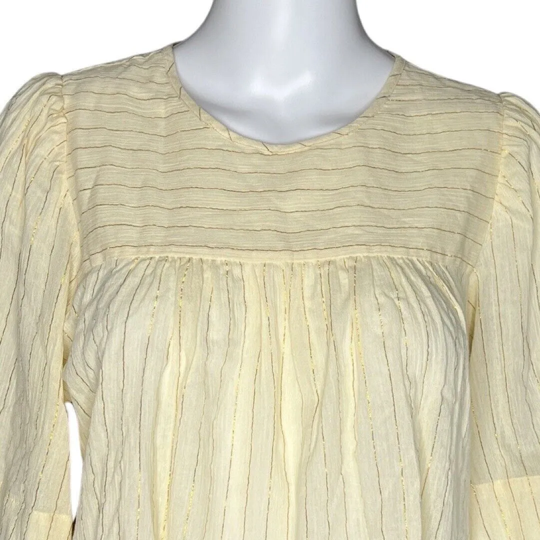 Happy x Nature Shirt Women Small Cream Gold Stripe Peasant Blouse‎ Office Casual - Image 5