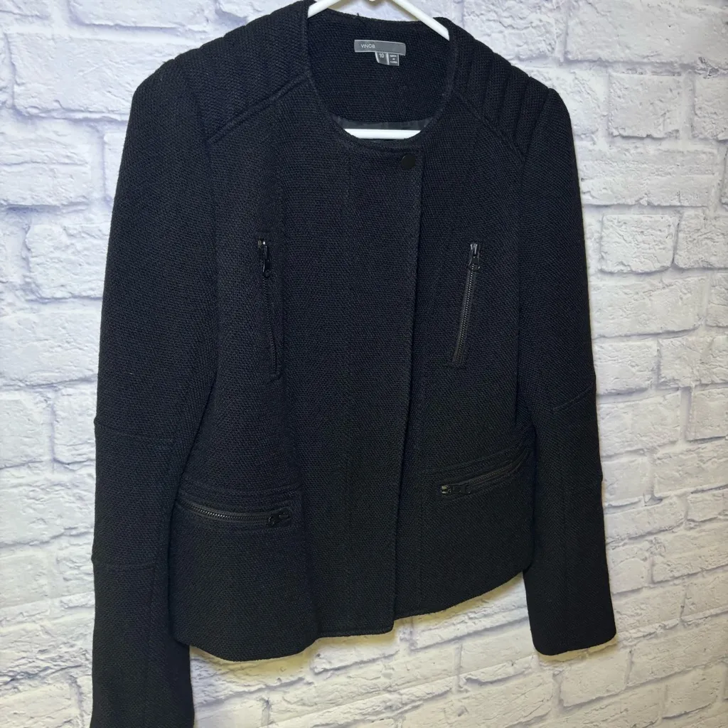 Vince Womans Wool Blend Boucle Moto Style Zip Accents Blazer Jacket SZ 10 Black - Image 13