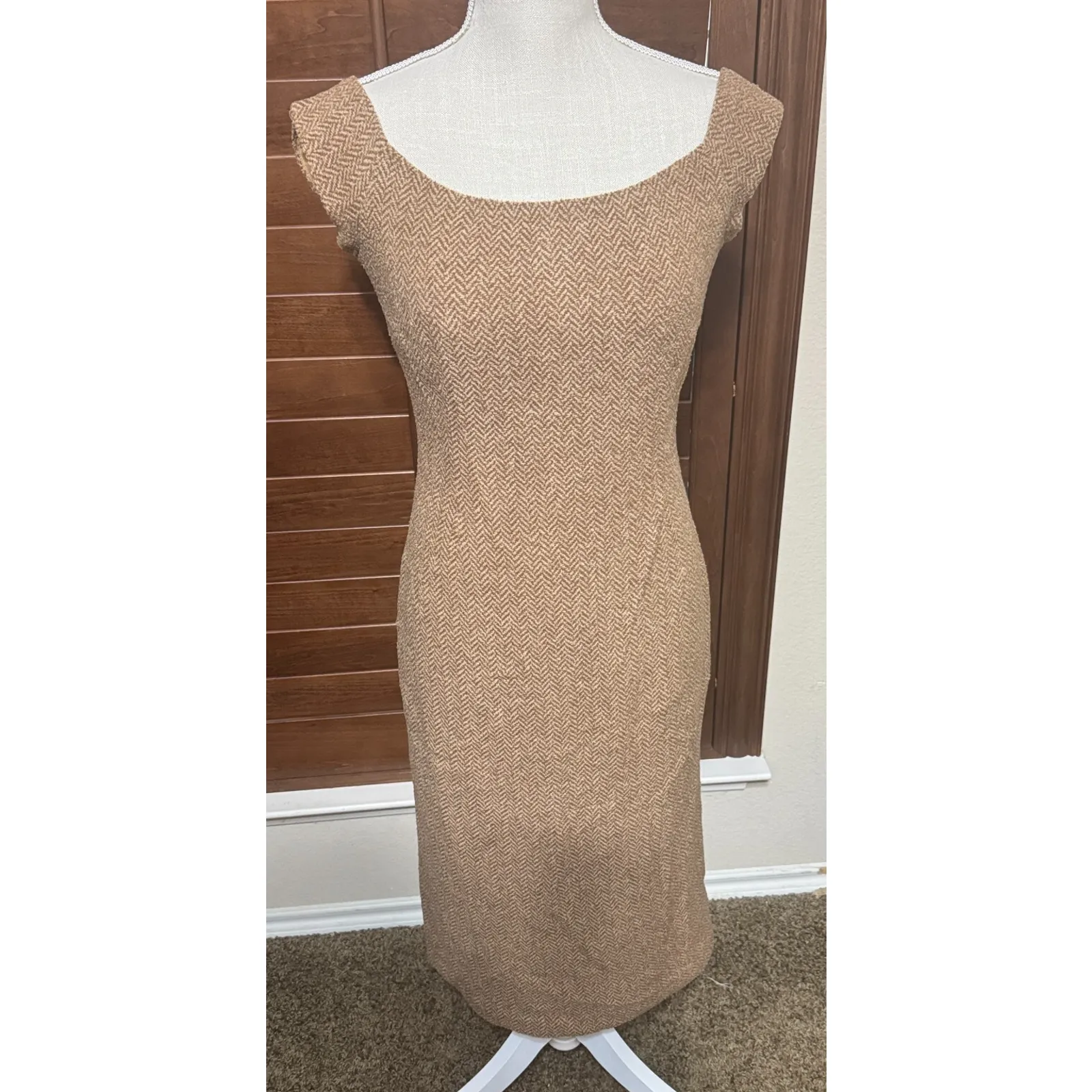 Ralph Lauren Black Label Wool Sheath Dress Beige Herringbone Tweed Midi Sz 2 USA - Image 2