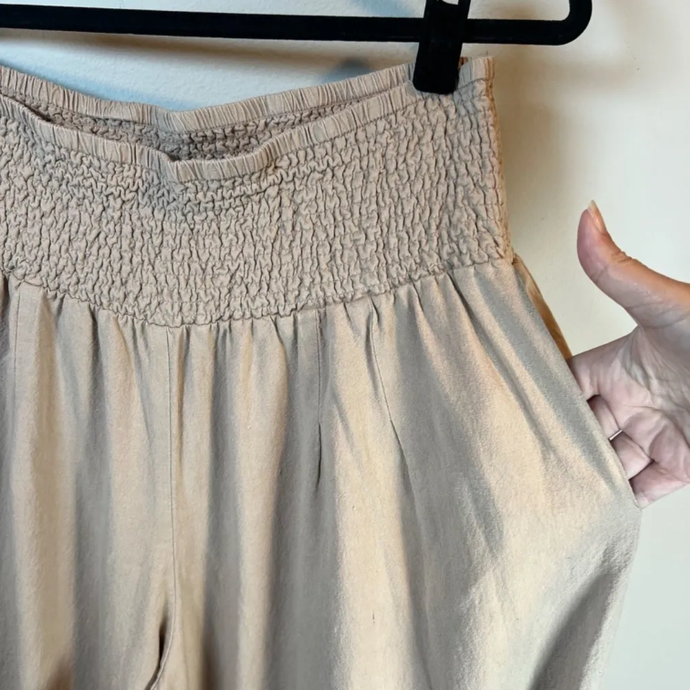 ChouYatou Trouser Pants Tan Flax Cotton Blend Smocked Wide Leg Chic Women's XXL - Image 4