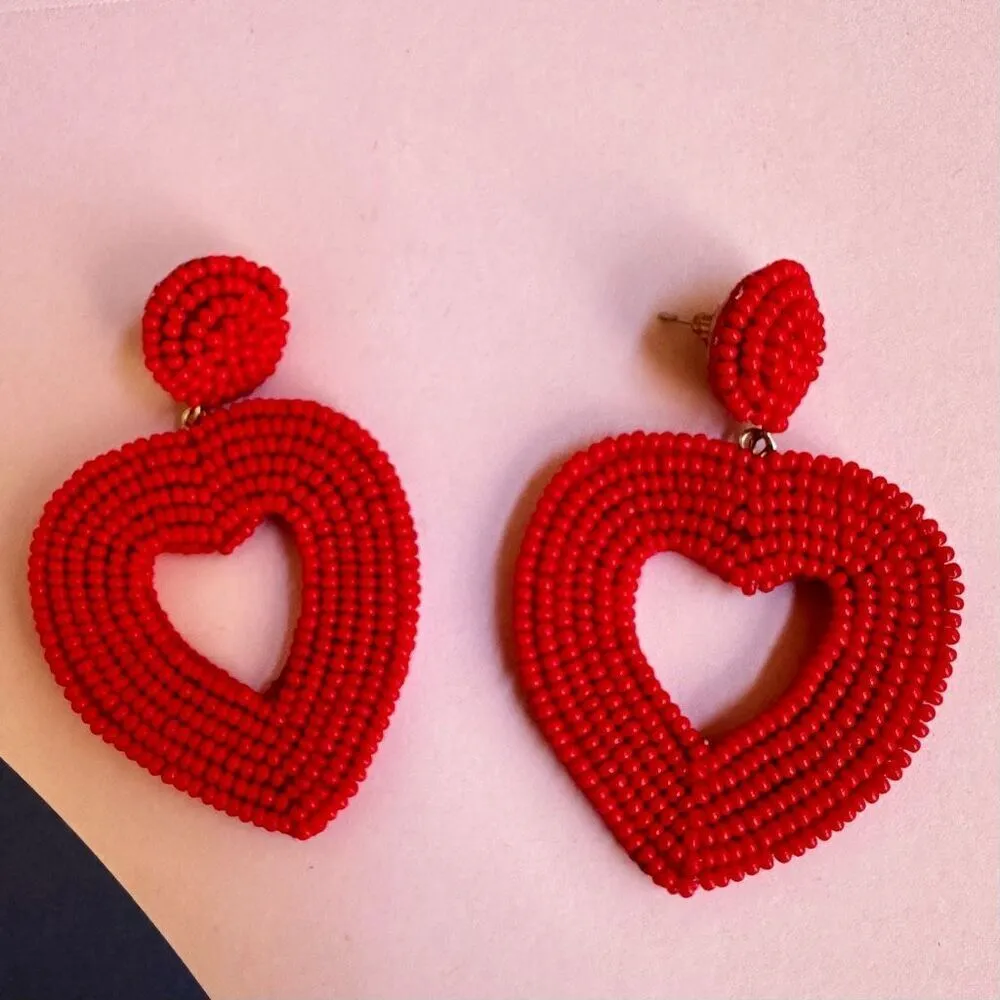C & C California red hand beaded heart statement earrings - Image 12