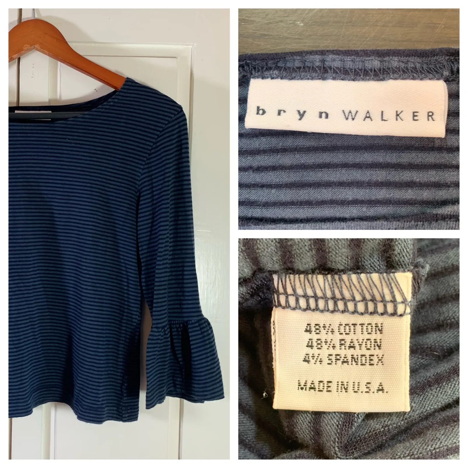 Bryn Walker Striped Bell Sleeve Top Navy Blue S Made USA Cotton Blend Timeless - Image 13
