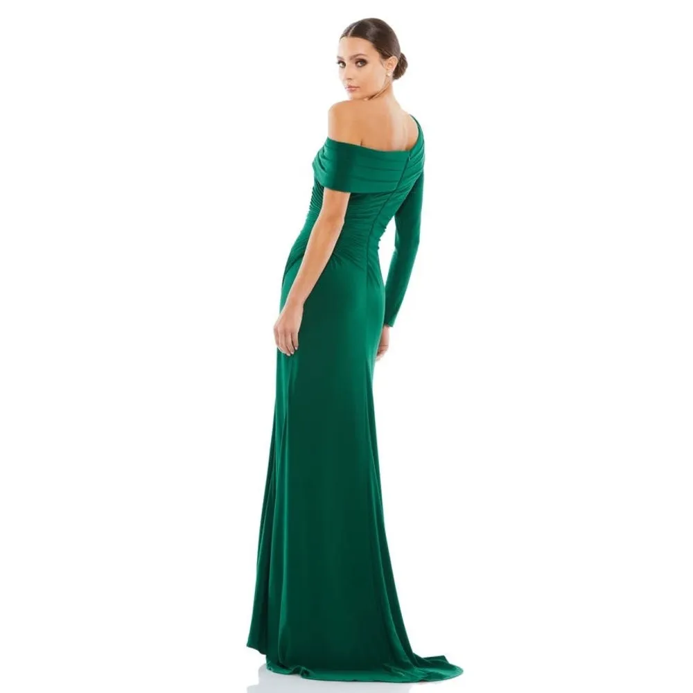 Mac Duggal Emerald Ruched Jersey Drop Shoulder Foldover Gown Size 2 $358 26570 - Image 3