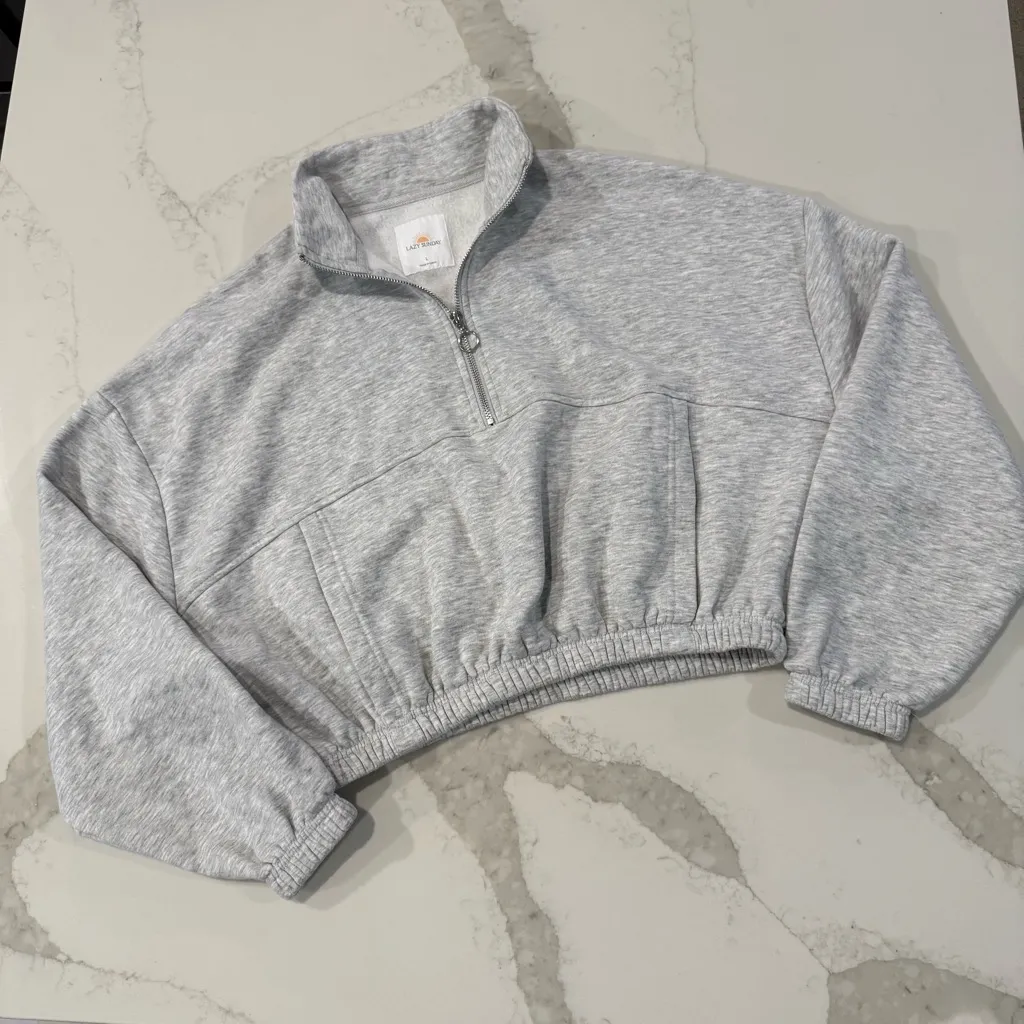 Lazy Sunday Half Zipped Cropped Sweatshirt Women’s Large Heather Gray Athleisure - Image 4