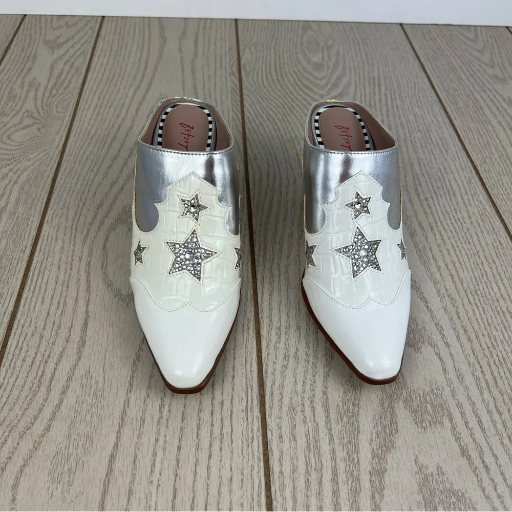 Betsey Johnson Denniss Western Star Slip-on Mules 6.5 White & Silver $99 - Image 4