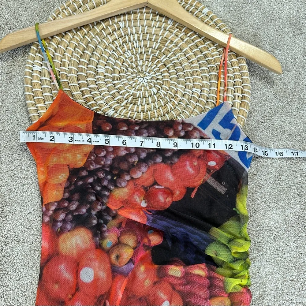 Zara Ruched Mesh Maxi Dress Strappy Sleeveless Fruit Stand Print Colorful Size S - Image 15