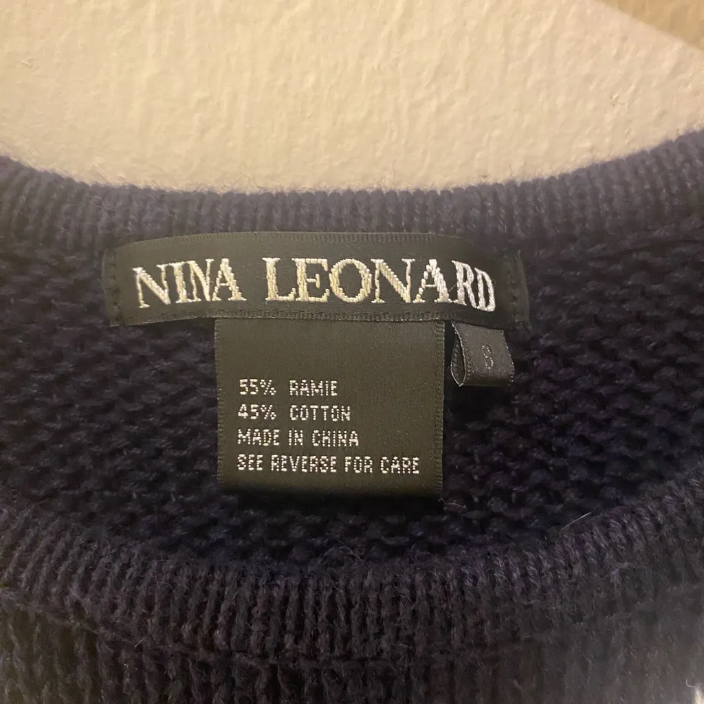 Nina Leonard Navy W White Eclectic Polka Dots Knitted Sweater SzSmall - Image 3