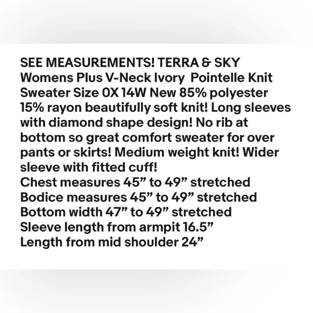 TERRA & SKY Womens Plus V-Neck Ivory  Pointelle Knit Sweater Size 0X 14W New - Image 8