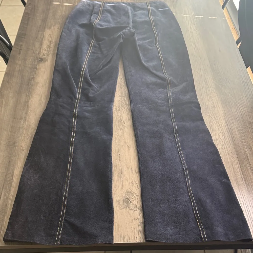 Dark Blue 100% Leather Fit and Flare Pants - Image 7