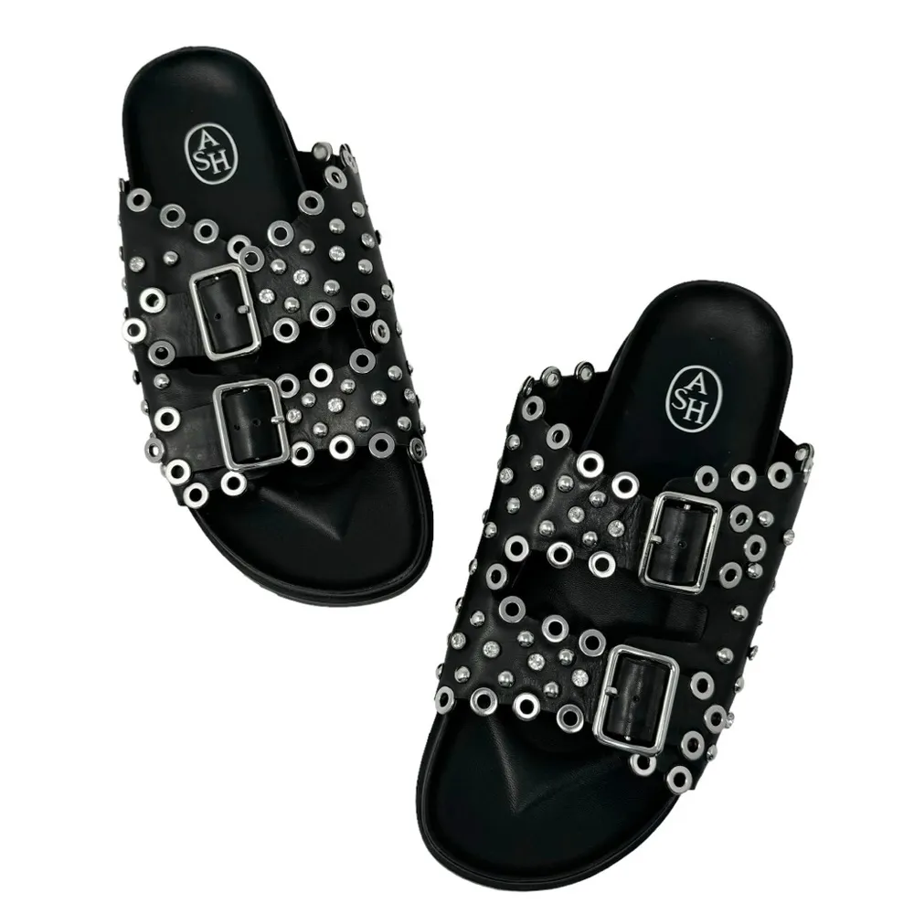 Ash New Universe Rhinestone Studded Leather Slip On Slides Sandals Black Size 40 - Image 10