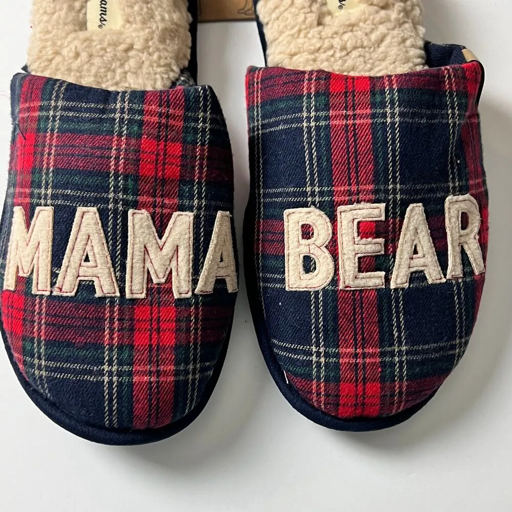 Dearfoams Women's Holiday Plaid MAMA BEAR Faux Fur Slip On Slippers Sz 9-10 - Image 4