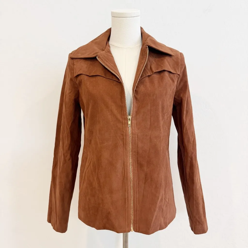 Commense Women's Faux Suede Bomber Jacket in Brown‎ Minimalist Outerwear Size XS Brown - Image 3