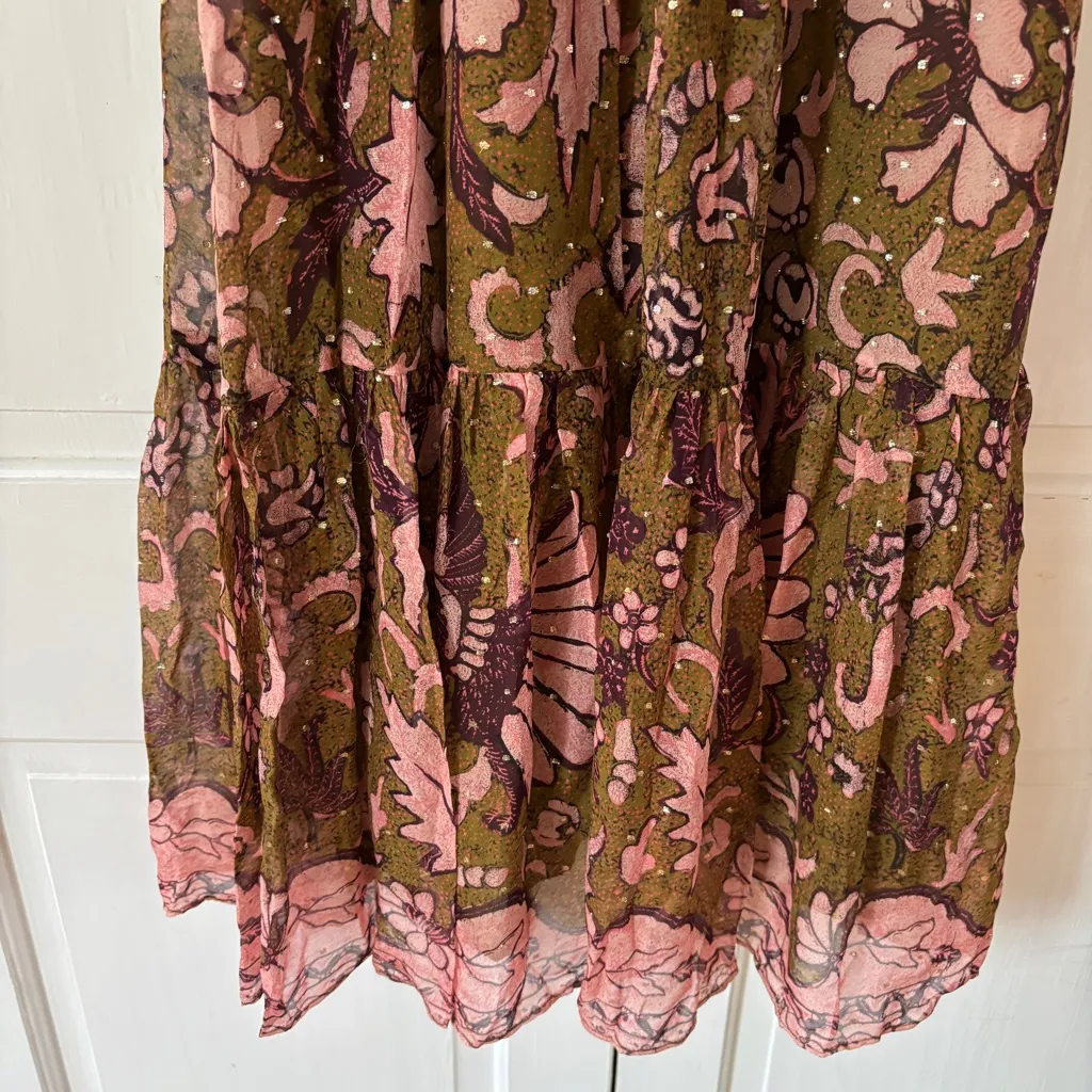 Ulla Johnson RARE Celestia Floral Batik Print Midi Dress Olive Ruffl Silk Size 6 - Image 7